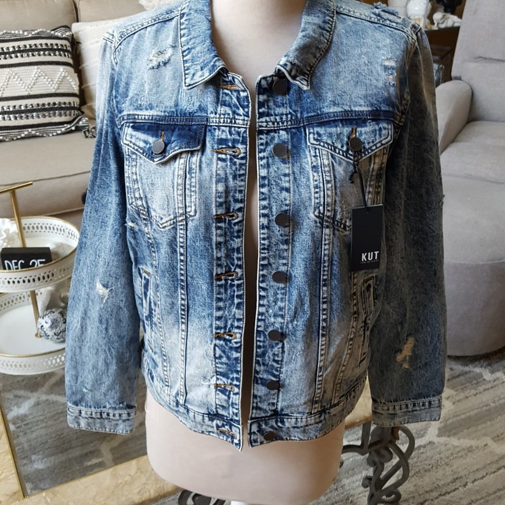 NEW! DISTRESSED Denim JACKET KUT From THE KLOTH SZ S - Picture 3 of 5